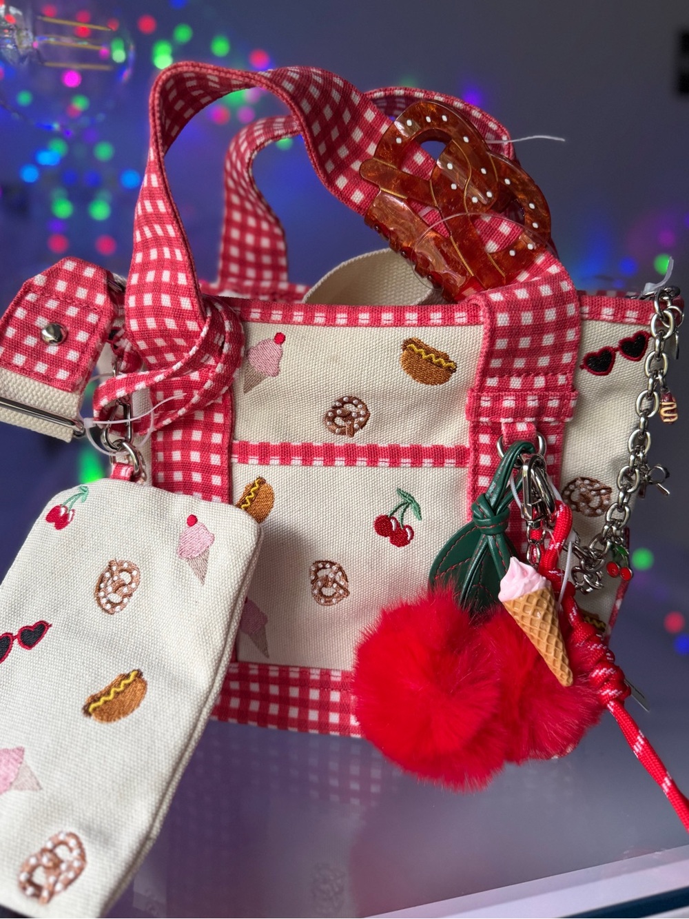Madden Girl pretzel hot dog curry red gingham Icecream picnic bbq Tote Bag Set